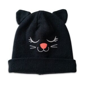 Girls Black Cat Beanie Hat with Ears Winter Knit Cute Halloween Costume Kitten